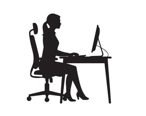 Silhouette of a woman working on a computer at a desk black silhouette vector, Simple silhouette Design vector icon with white background
black silhouette vector.