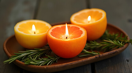 Three candles made from hollowed-out lemon
