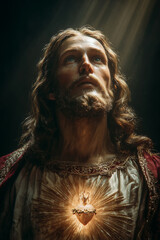 Sacred Heart of Jesus Christ Devotion with divine light and heart glowing