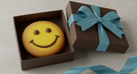 Happy smiley face stress ball inside an open gift box with blue ribbon
