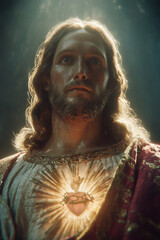 Sacred Heart of Jesus Christ Devotion with divine light and heart glowing