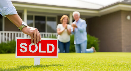 Realtor places sold sign as senior couple celebrates buying new house on lawn in front of home