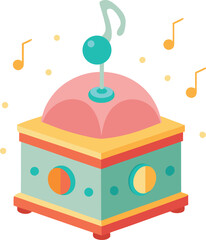 Whimsical music box with musical notes and sparkles