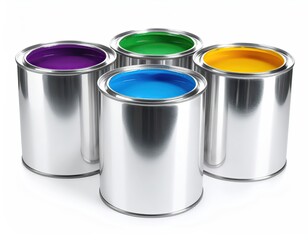 Four Paint Cans in Yellow, Blue, Green and Purple