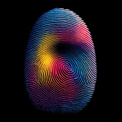 A vibrant, digitally rendered fingerprint showcasing intricate patterns in a spectrum of colors against a dark background.