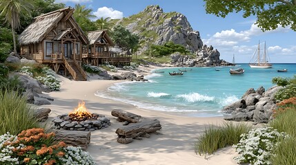 Tropical beach bungalows with turquoise ocean view high resolution images