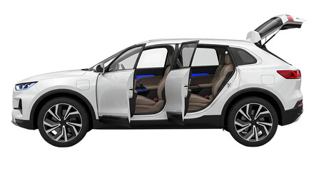 Modern White SUV Car with Open Doors on Isolated Transparent Background

