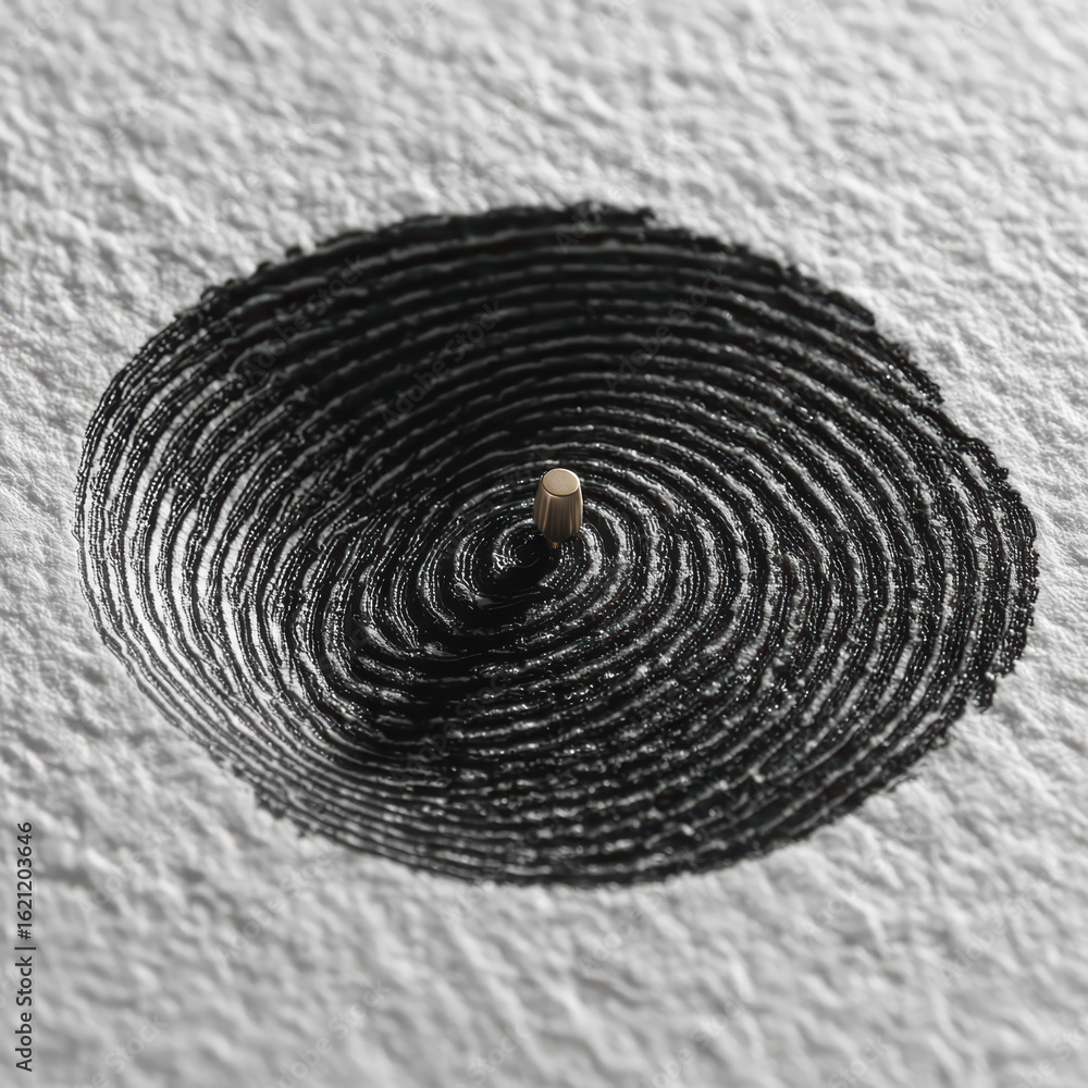 Poster a detailed circular pattern created with black material, featuring a central metallic element, set a