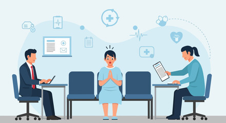 Anxious Patient Awaits Diagnosis In The Hospital Waiting Area With Staff