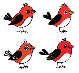 Red Bird Cartoon Character Set Cute Wildlife Animal Vector Illustration Collection Design Elements