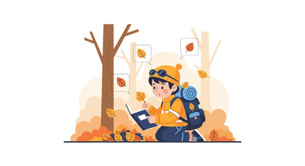Obraz premium Autumn adventures in the forest a young explorer reads a book with leaves falling