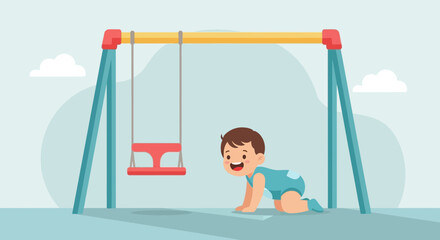 Baby Boy Discovering the World Crawling Towards a Playground Swing Set
