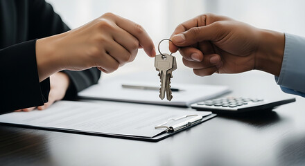 Seller hands keys to buyer over signed contract on desk