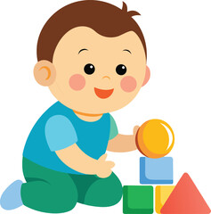 Happy toddler playing with colorful building blocks