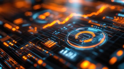 Tech dashboard with glowing orange data