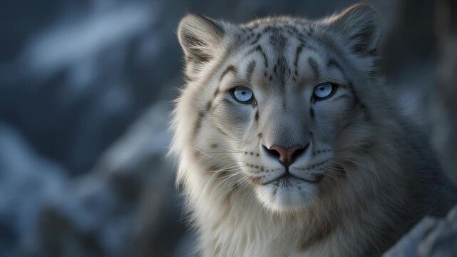 Snow leopard portrait with bright blue eyes stares forward.