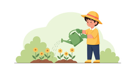 Boy Enjoying Gardening Watering Yellow Sunflowers In Garden Summer Fun