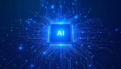 AI Brain Luminous Central Processor Unit Pulsing with Blue Digital Energy.