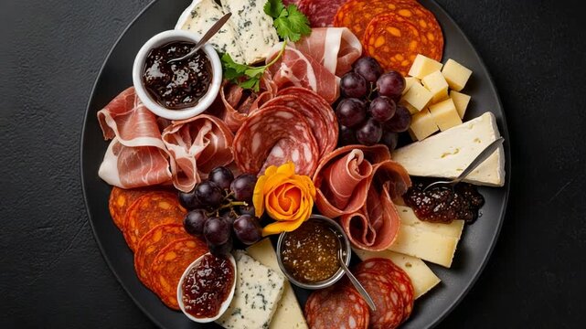 Charcuterie board with assorted cheeses, cured meats, and fruits. Gourmet appetizer platter with salami, prosciutto, brie, and blue cheese on a dark background.