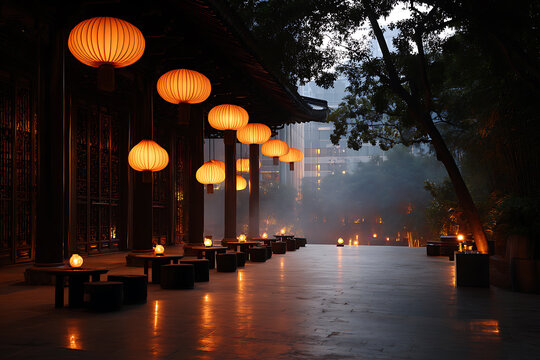 chinese lantern festival, traditional chinese courtyard illuminated by glowing lanterns in the night sky