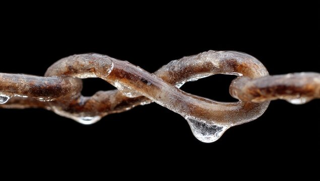 Frozen rusty chain link, close-up, black background, ice dripping, winter concept