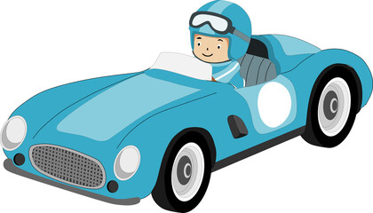 Boy driving blue vintage race car 