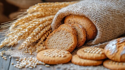 Freshly Baked Cookies and Bread With Grains on Rustic Wooden Table.