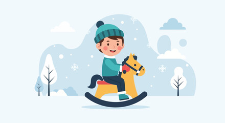 Obraz premium Boy In Winter Clothes Rides A Rocking Horse Among Snowflakes Falling