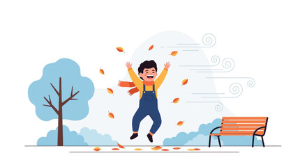 Boy Jumping Joyfully Amidst Autumn Leaves In Park Vector Illustration