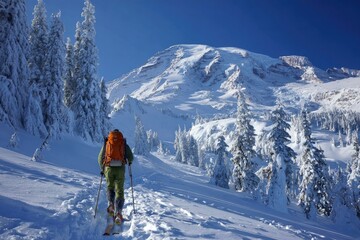 Skier ascends snowy mountain, winter trees, sunny sky, adventure backdrop; travel poster