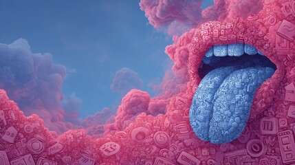 Giant mouth and tongue formed by pink and blue icons in a cloudy sky