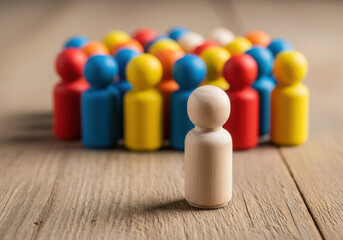 A single wooden figure stands out from a colorful group