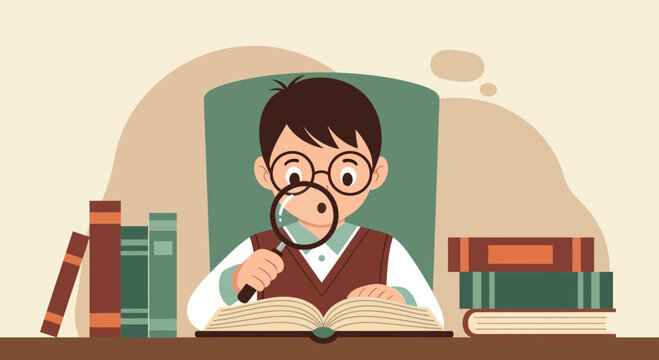 Boy Inspecting Book With Magnifying Glass For Educational Purposes