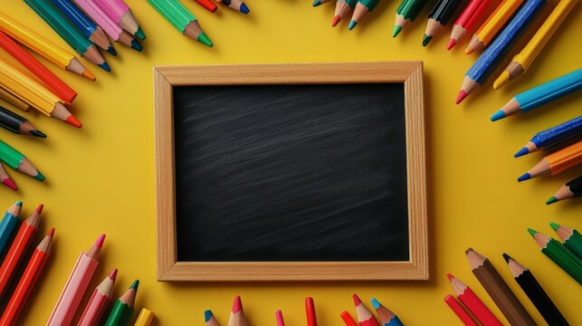 Colorful Art Supplies Arranged Around a Blank Chalkboard on a Vibrant Yellow Background.
