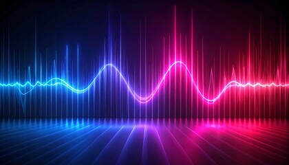 Electric Soundscape Vibrant Blue and Pink Neon Waveform on a Reflective Stage.