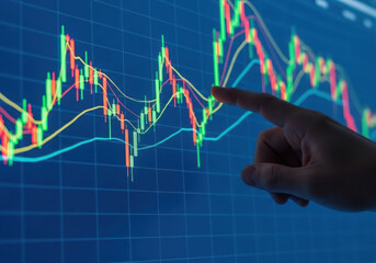 A finger points to a rising and falling stock market graph
