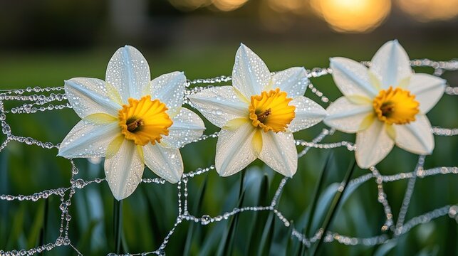 Three delicate white daffodils with yellow centers, bathed in morning dew, in front of a wire mesh fence