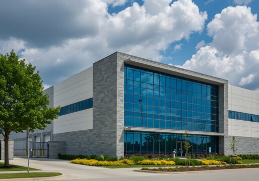 Modern commercial building exterior with glass facade and landscaping design