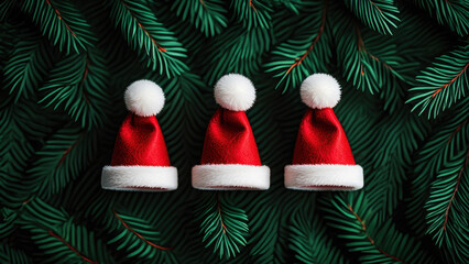Santa hats on fir branches, Christmas background, festive decoration, red and white hats, winter holiday scene, green pine texture, seasonal flatlay, cheerful composition, cozy celebration