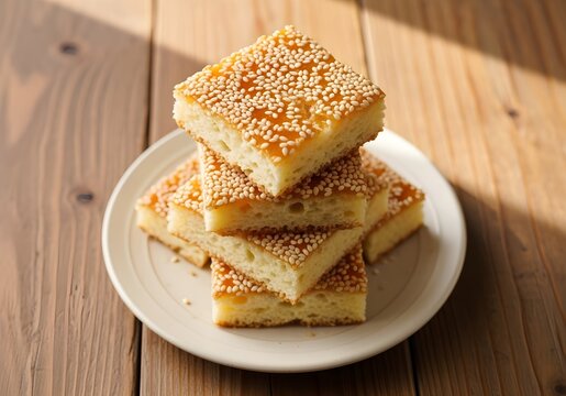 Traditional Chinese Sachima Sweet Cake with Syrup Glaze &ndash; Golden Fried Batter Squares with Sesame Topping on Ceramic Plate &ndash; Northern Chinese Street Snack Photography