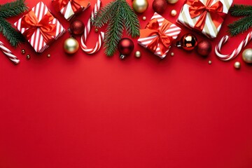 Christmas background, red festive scene, gift boxes with ribbons, candy canes, holiday ornaments, fir branches, seasonal border, winter celebration, Christmas composition, top view