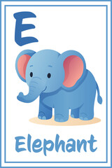Letter E, Happy elephant on alphabet flashcard for kids in cartoon vector style