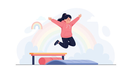 A cheerful young woman jumps happily over gym equipment in a rainbow scene