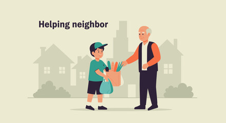 Obraz premium A heartwarming illustration of community spirit: Young boy helping his elderly neighbor with groceries during the day