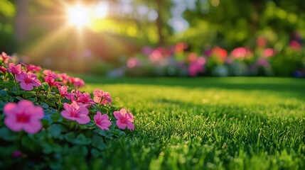 Fototapeta premium Sunset Light Illuminating Pink Flowers Blooming in a Lush Green Garden During Early Evening.