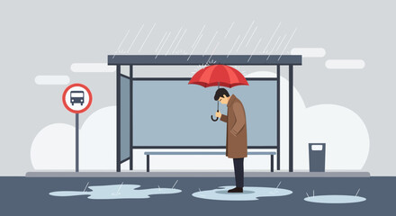 A sad man waiting at a bus stop on a rainy day is a melancholic scene highlighting feelings of loneliness and isolation