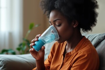 Black woman holding a mask nebulizer inhaling fumes medication into lungs. African sick lady inhaling through inhaler mask sitting on the couch with copy space.