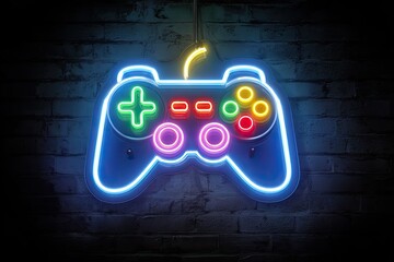 Neon game controller sign, brick wall, dark room, gaming