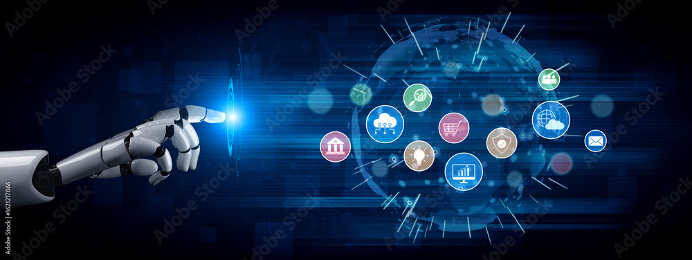 Poster ai assists in organizing and visualizing a digital ecosystem of business icons to represent key serv