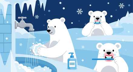 Adorable Polar Bears Practicing Good Hygiene Routine Amidst Snowy Winter Scenery